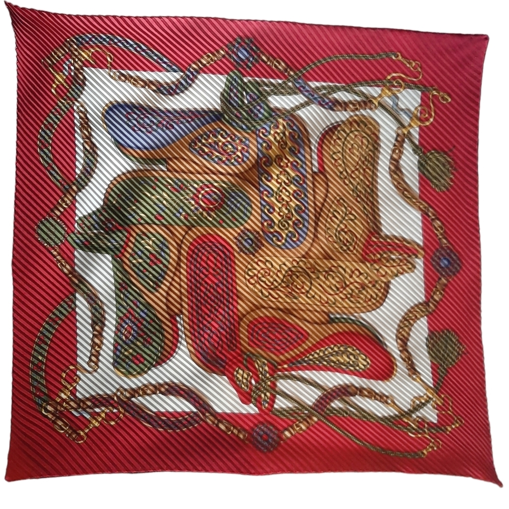 HERMÈS Festival Silk Twill Plissé Scarf 90cm Pleated Red/Multi